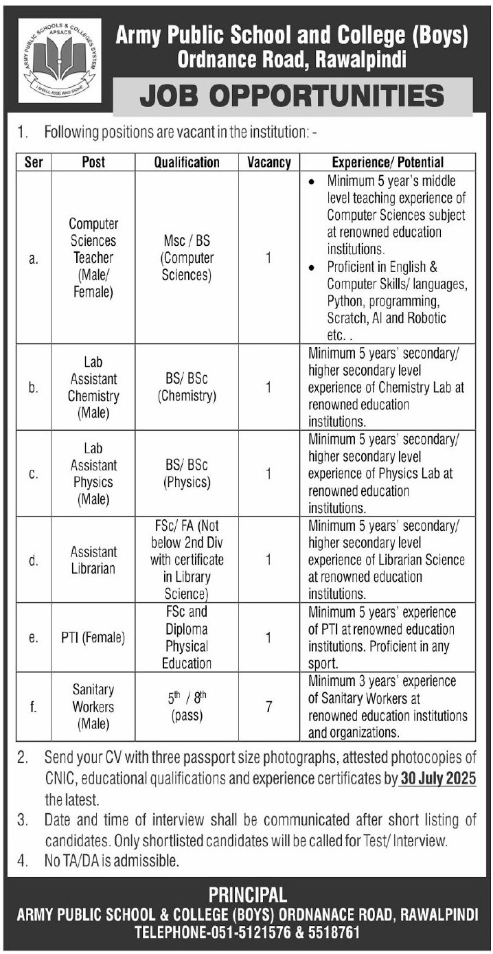 Army Public School & College APS&C Jobs 2025 – Army Public School & College Paksitan Jobs 2025 — original advertisement