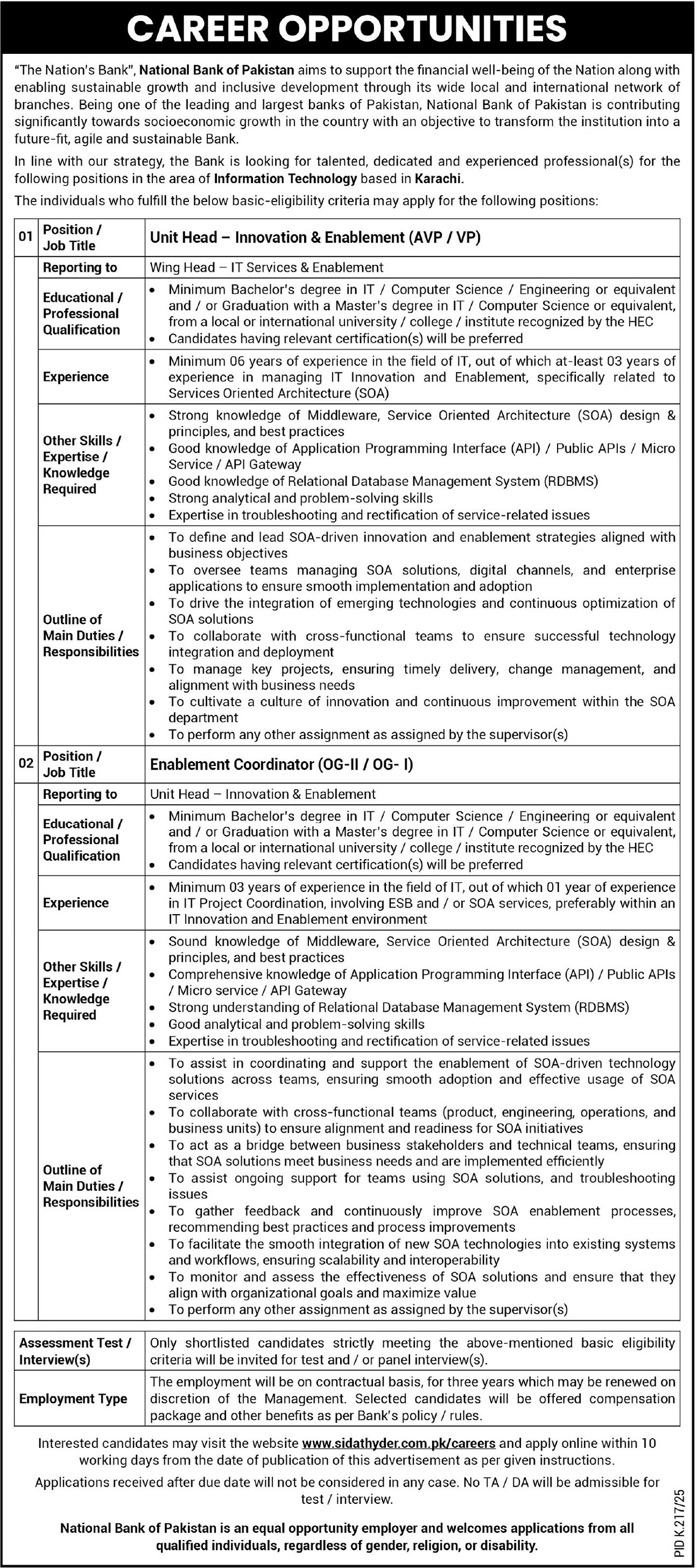 National Bank of Pakistan Karachi Jobs 2025 Jobs 2025 — original advertisement