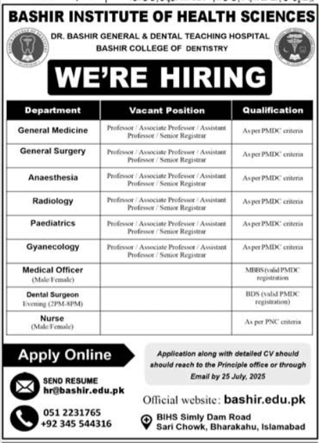 Bashir Institute Of Health Sciences BIHS Jobs 2025 – Bashir Institute of Health Sciences Islamabad Jobs 2025 — original advertisement