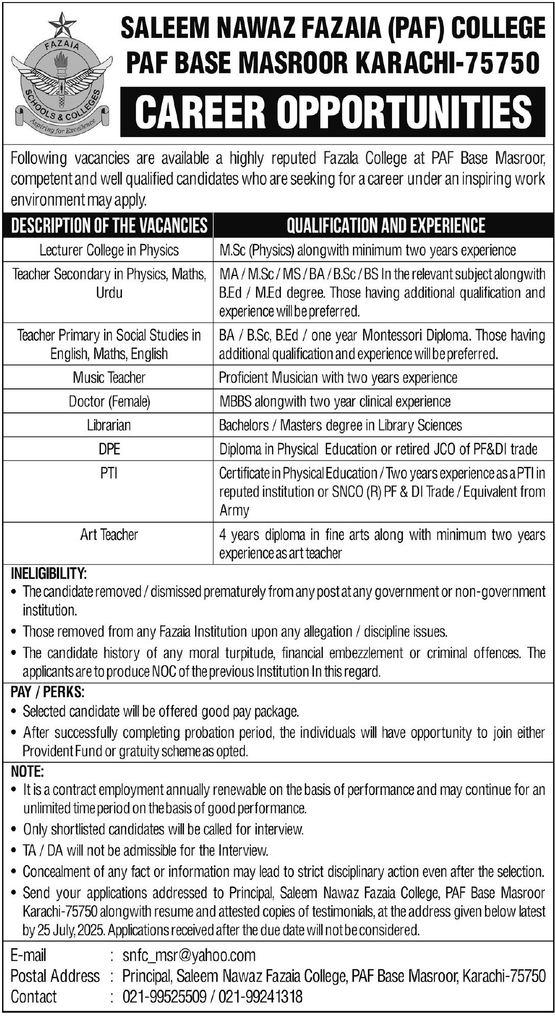 Saleem Nawaz Fazaia PAF College Karachi Jobs 2025 – Fazaia Schools & Colleges Jobs 2025 — original advertisement