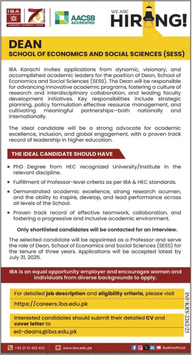 Institute Of Business Administration IBA Dean Jobs 2025 – IBA Karachi Jobs 2025 — original advertisement