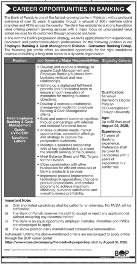 The Bank Of Punjab Head Employee Banking & Cash Jobs 2025 Jobs 2025 — original advertisement
