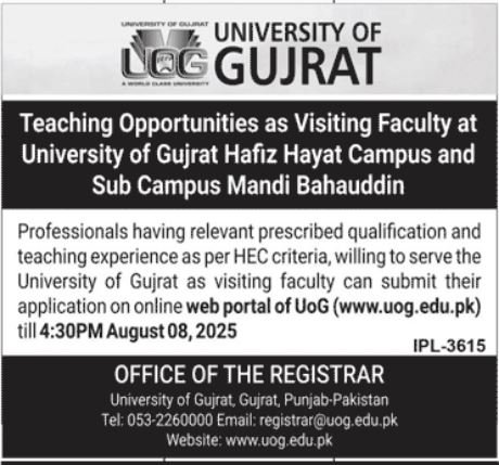University Of Gujrat Visiting Faculty Jobs 2025 Jobs 2025 — original advertisement