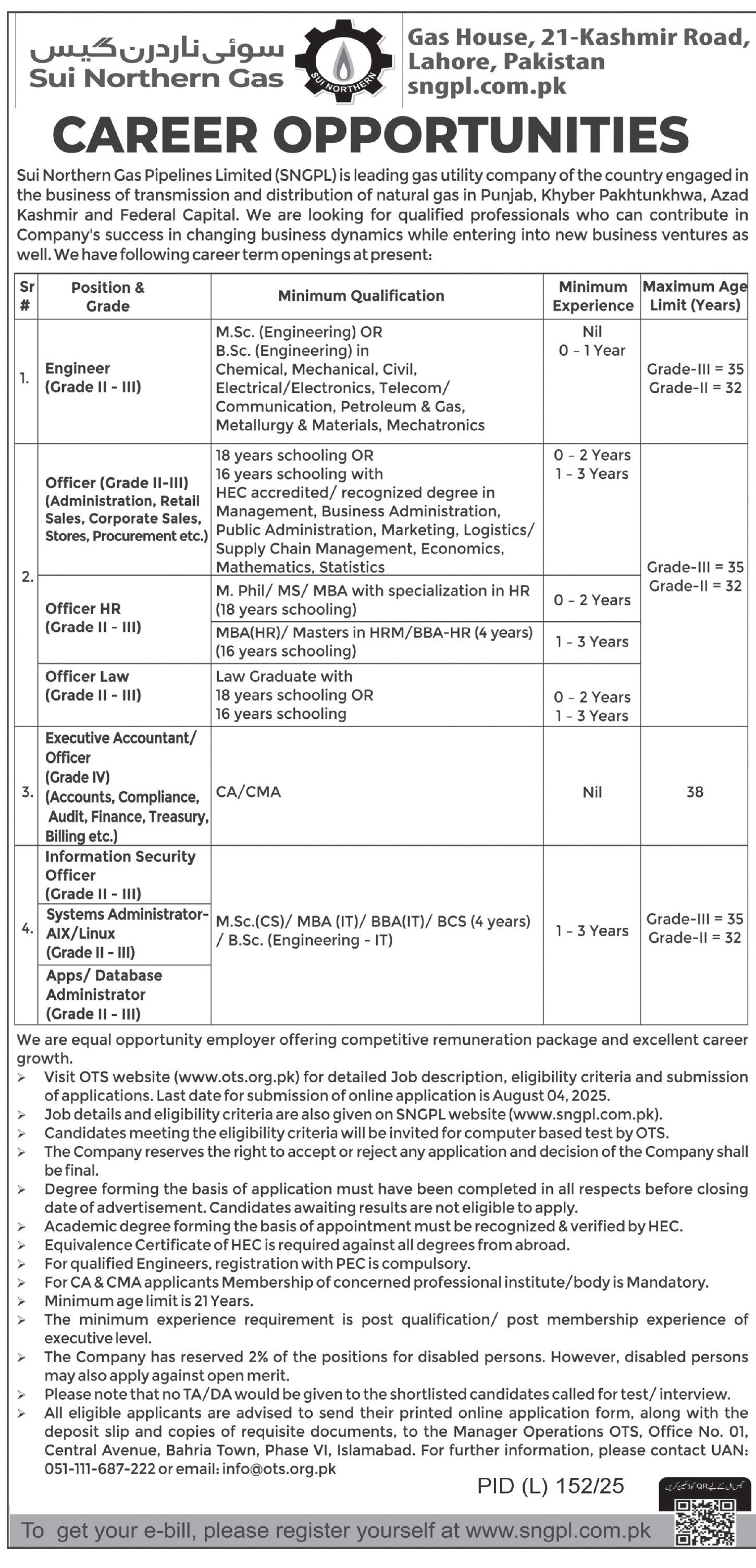 Sui Northern Gas Pipelines Limited SNGPL Jobs 2025 – Sui Southern Gas Company Limited Jobs 2025 — original advertisement