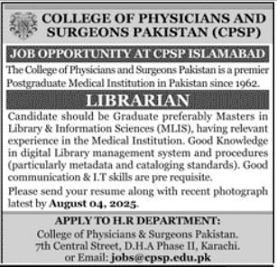 College of Physician and Surgeons Pakistan CPSP Karachi Jobs – College of Physicians and Surgeons Pakistan Jobs 2025 — original advertisement