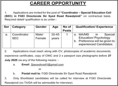 Special Education Department Rawalpindi Jobs 2025 – Special Education Department Punjab Jobs 2025 — original advertisement