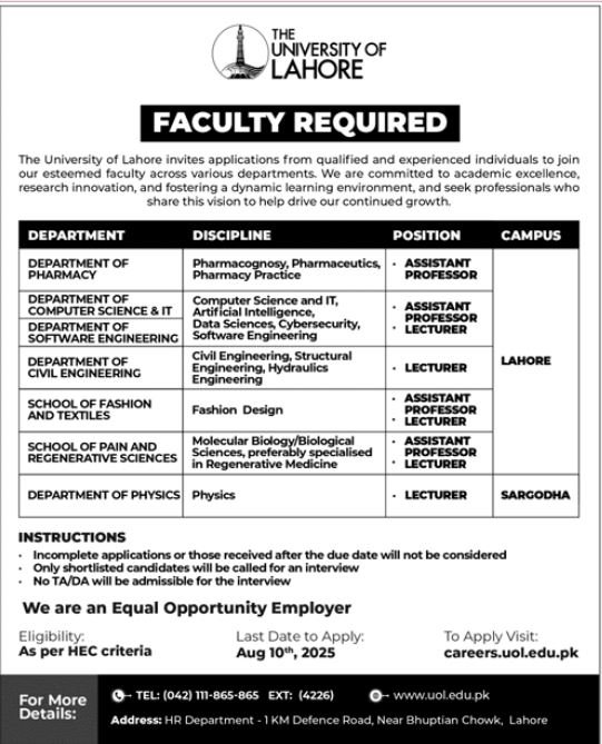 The University Of Lahore UOL Jobs 2025 Jobs 2025 — original advertisement