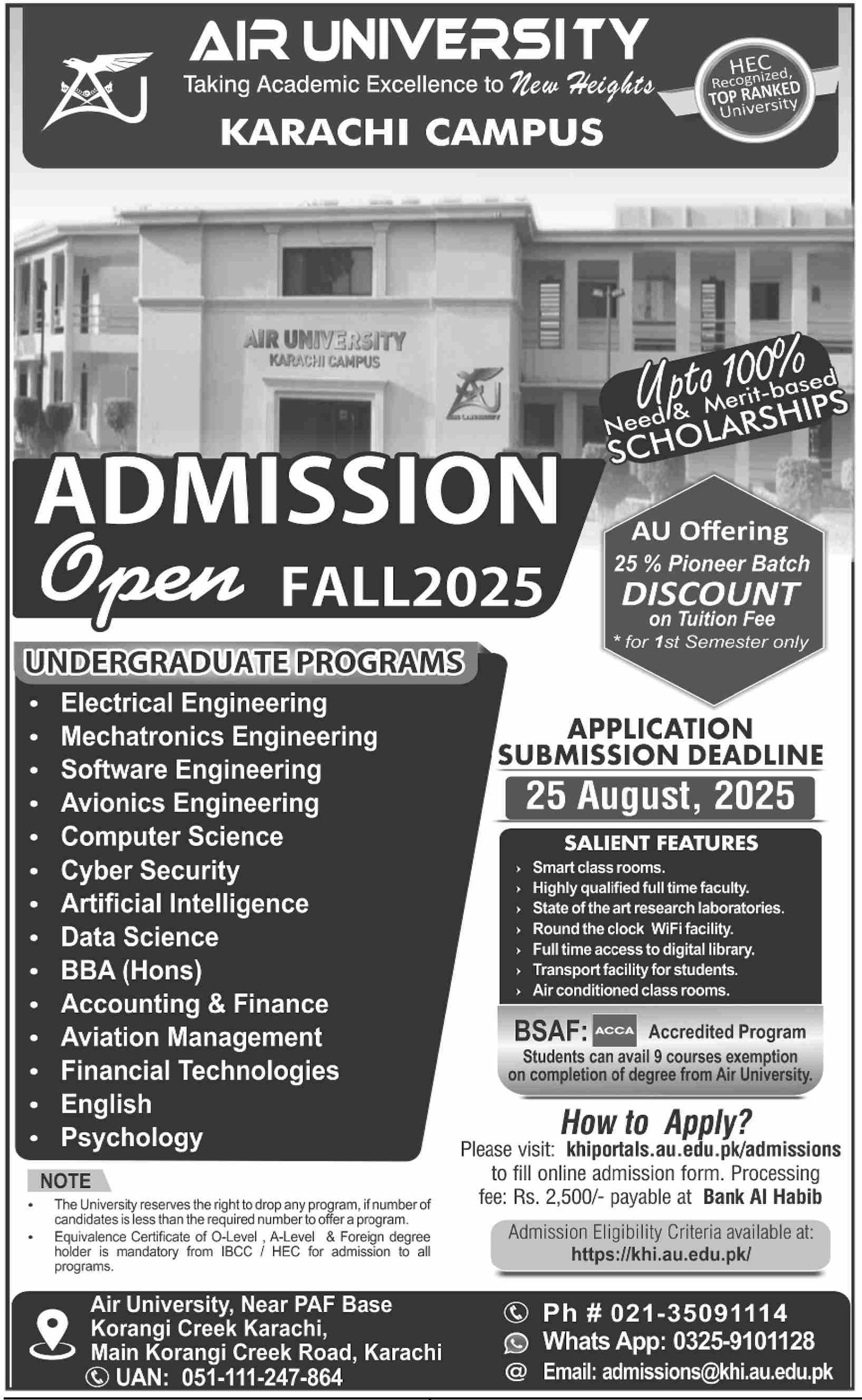Admission Open in Air University Karachi 2025 – Air University Multan Campus Admissions 2025 — original advertisement