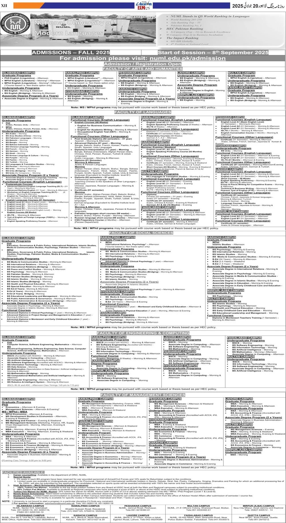 Admission Open in National University of Modern Languages – National University of Modern Languages Islamabad Admissions 2025 — original advertisement