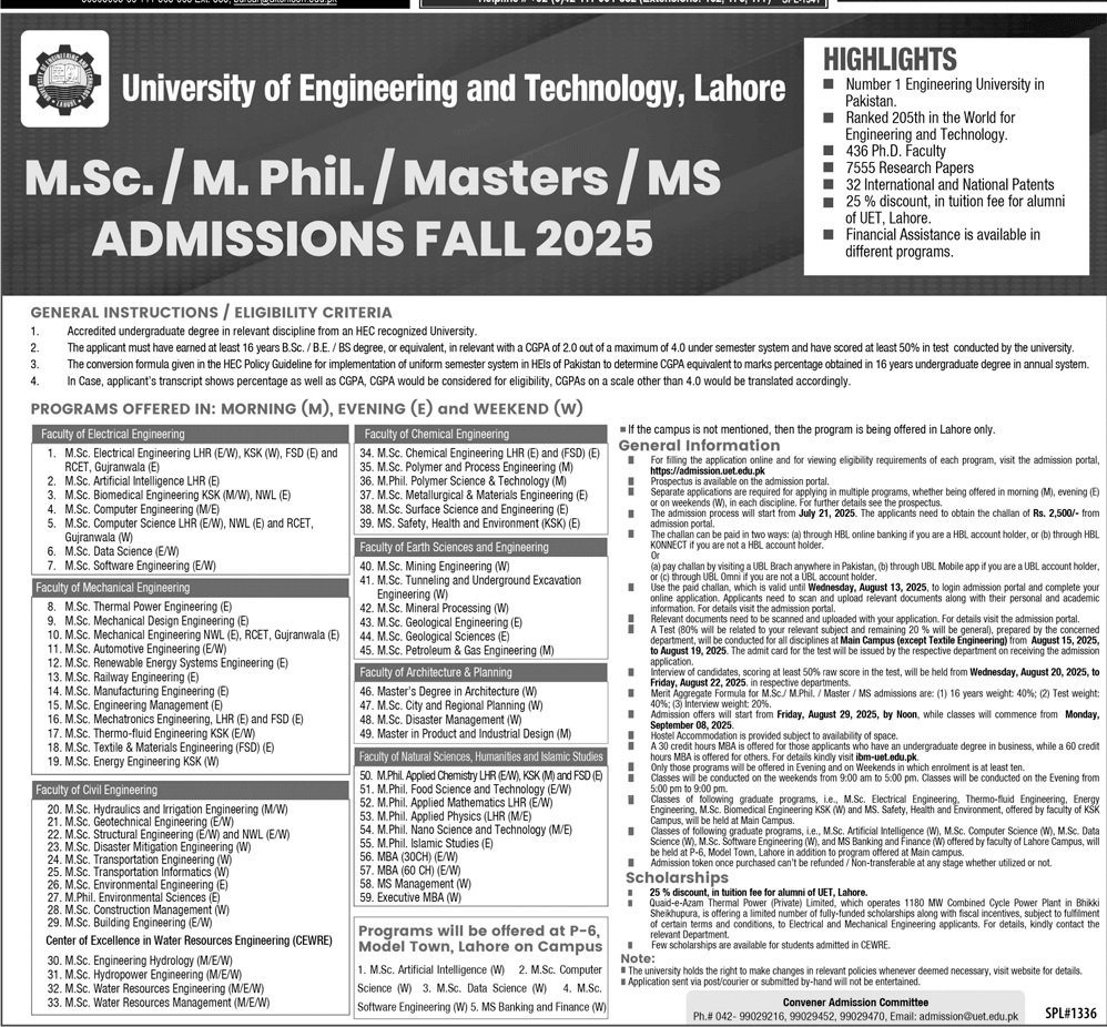 Admission Open in University of Engineering And Technolgy – University of Engineering  & Technology Lahore Admissions 2025 — original advertisement