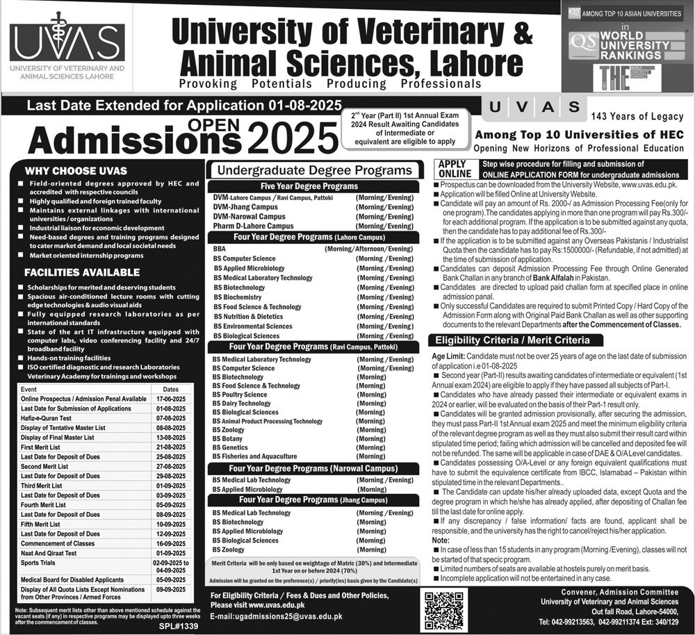 Admission Open University of Veterinary And Animal Science – University of Veterinary and Animal Sciences Lahore Admissions 2025 — original advertisement