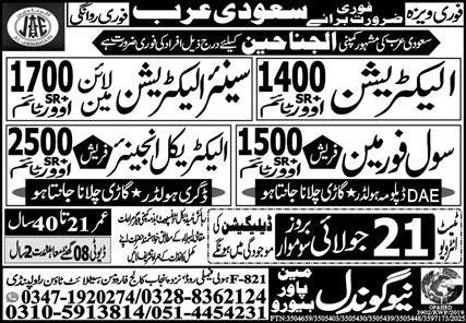 Electrician Jobs In Saudi Arabia – New Gondal Manpower Bureau Jobs 2025 — original advertisement