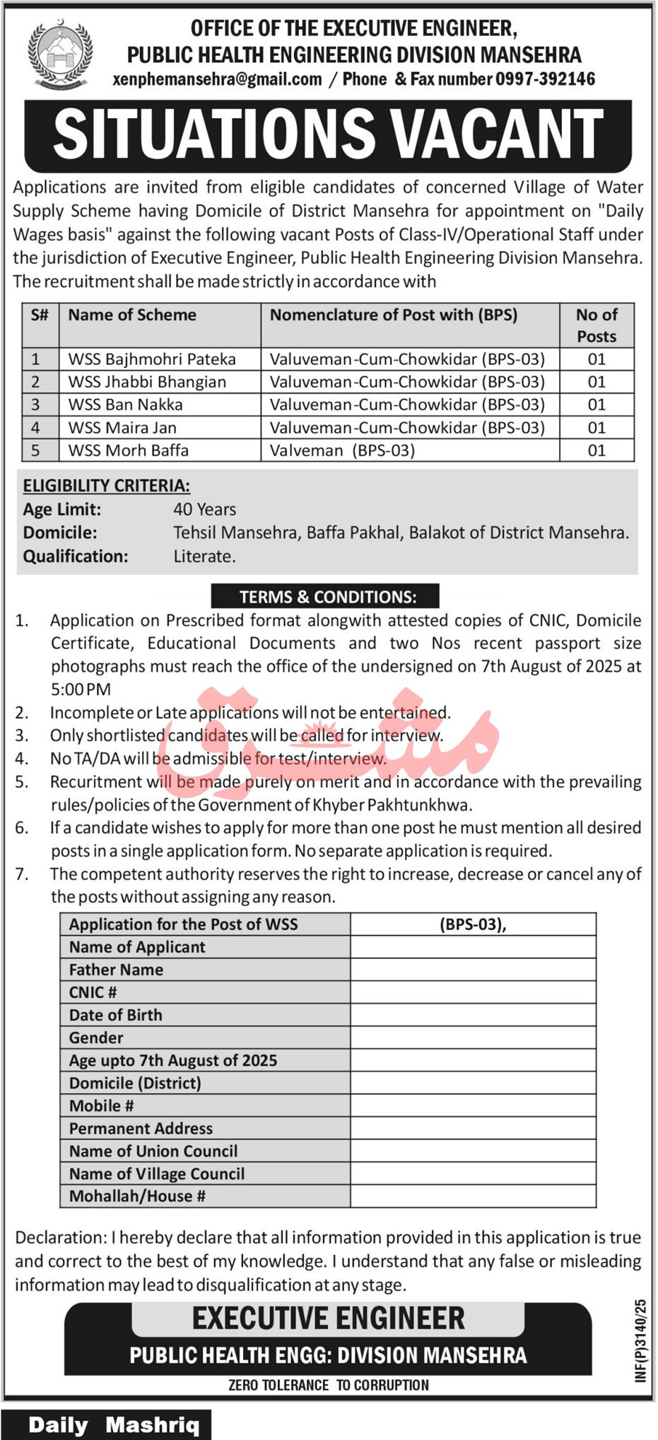 Public Health Division Mansehra Jobs 2025 – Public Health Engineering Department KPK Jobs 2025 — original advertisement