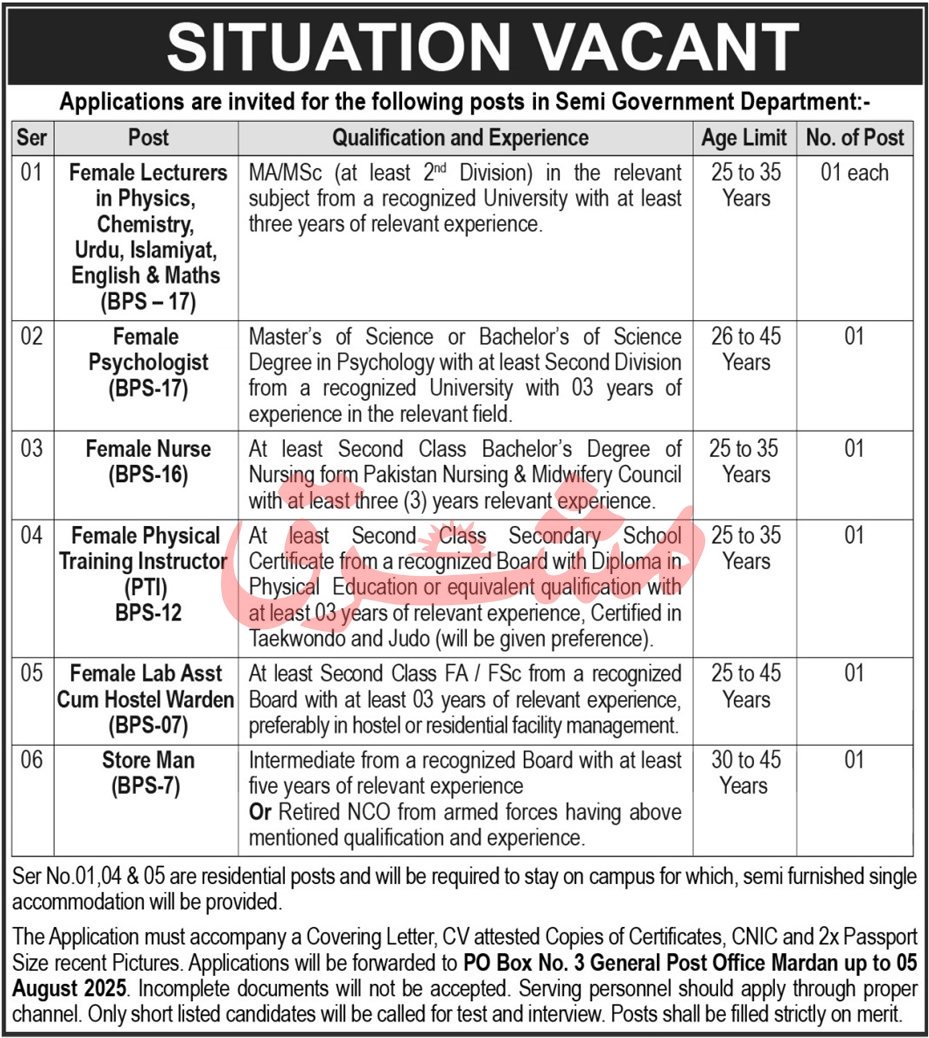 Semi Government Department Mardan Jobs 2025 – Public Sector Organization Jobs 2025 — original advertisement