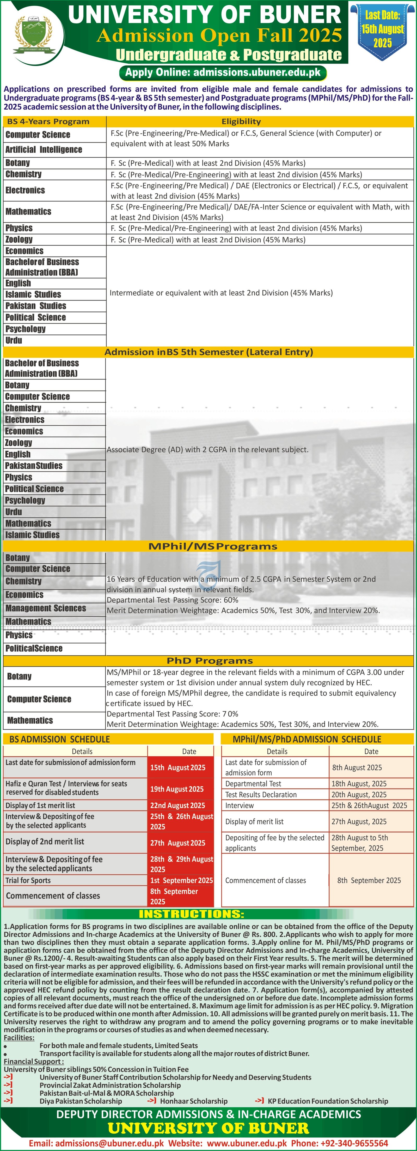 Admission Open in University of Buner 2025 Admissions 2025 — original advertisement