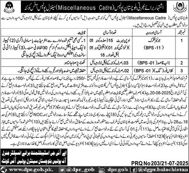 Balochistan Police Quetta Miscellaneous Cadre Jobs 2025 – Balochistan Police Department Jobs 2025 — original advertisement