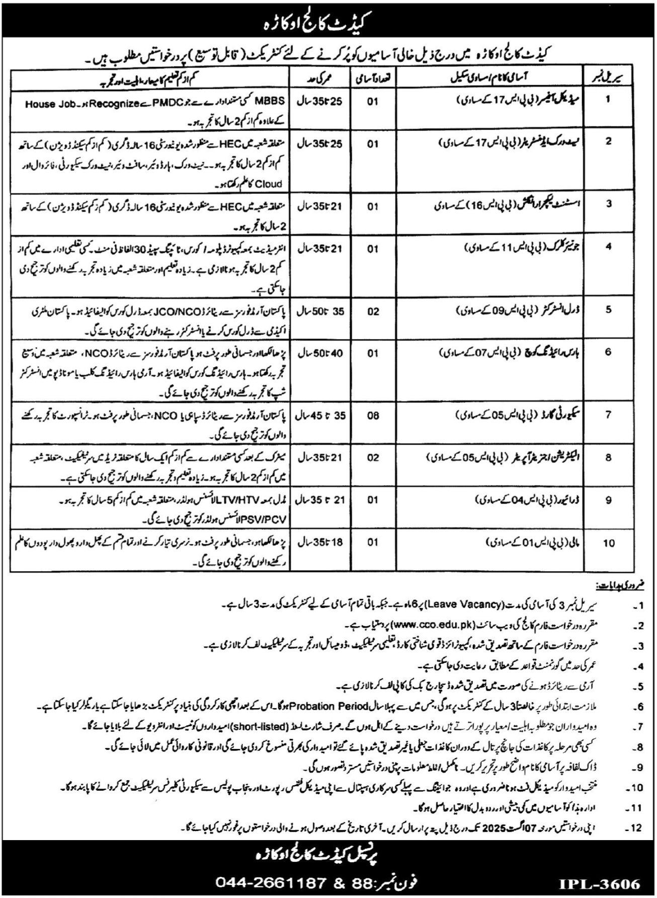 Cadet College Okara Jobs 2025 For Medical Officer – Cadet College Okara Punjab Jobs 2025 — original advertisement