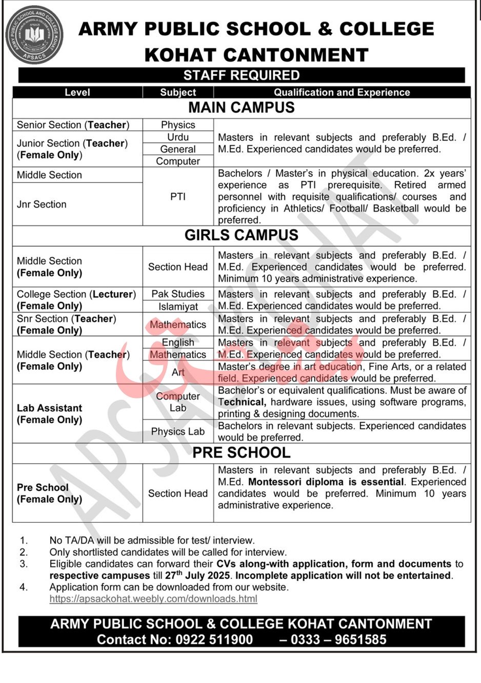 Army Public School & College APS&C Kohat Jobs 2025 – Army Public School & College Paksitan Jobs 2025 — original advertisement