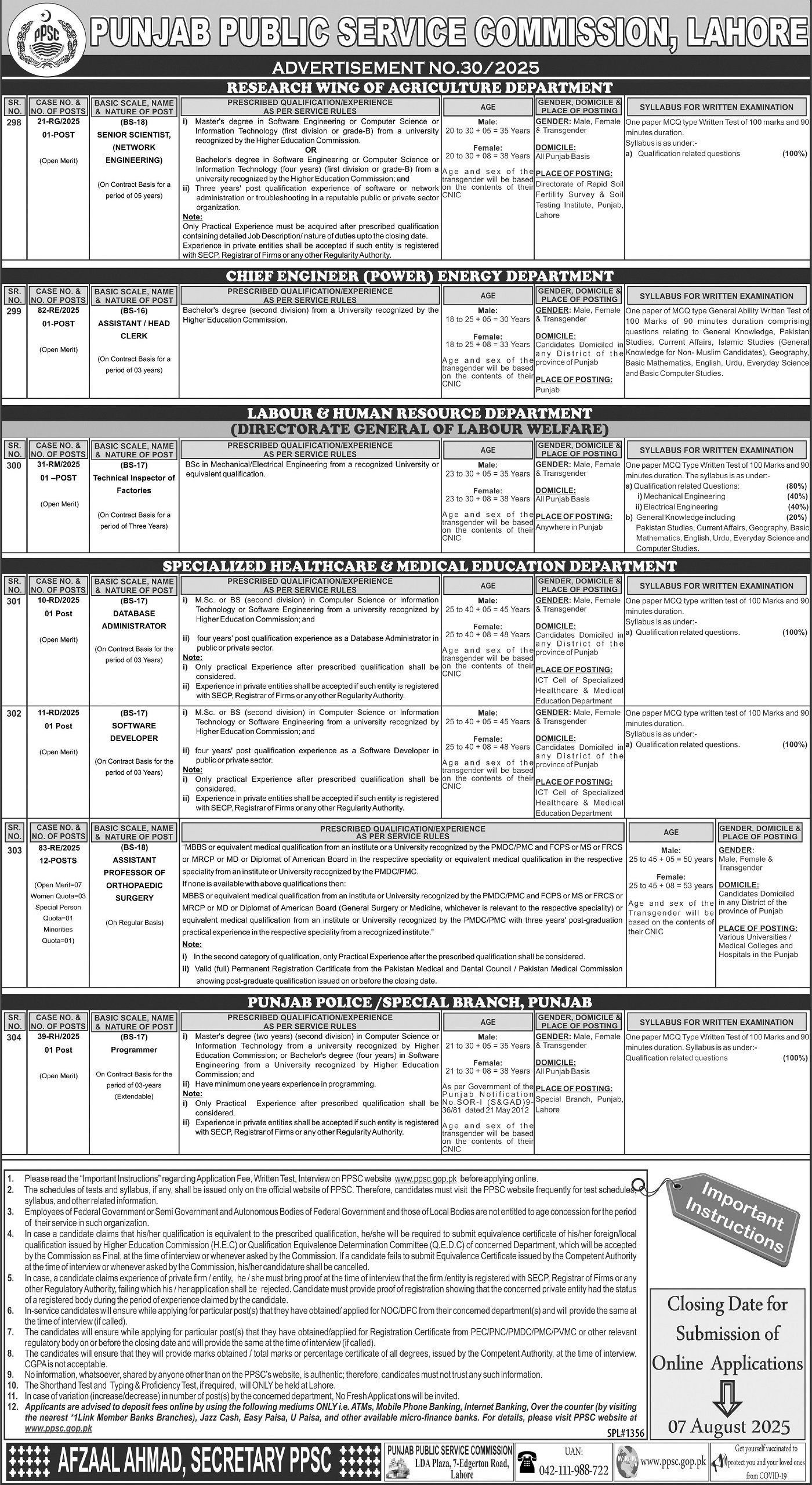 Punjab Public Service Commission PPSC Jobs 30/2025 – Punjab Public Service Commission Lahore Jobs 2025 — original advertisement