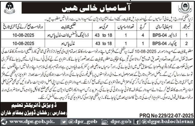 Divisional Director Education Kharan Jobs 2025 – Education Department Balochsitan Jobs 2025 — original advertisement