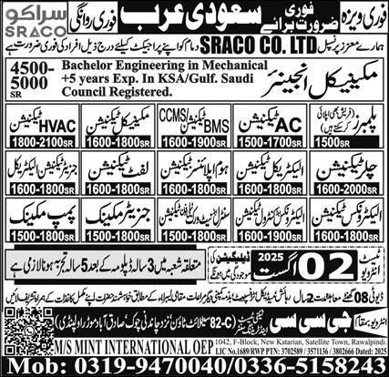 Mechanical Engineer & General Mechanic Jobs 2025 – GCC Techni Test & Training Center Telecom Jobs 2025 — original advertisement