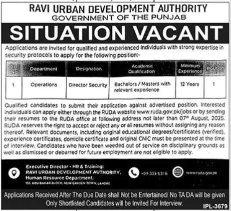 Ravi Urban Development Authority RUDA Lahore Job 2025 – Ravi Urban Development Authority RUDA Punjab Jobs 2025 — original advertisement