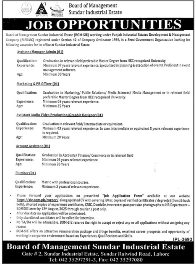 Board Of Management Sundar Industrial Estate Lahore Jobs – Private Company Jobs 2025 — original advertisement