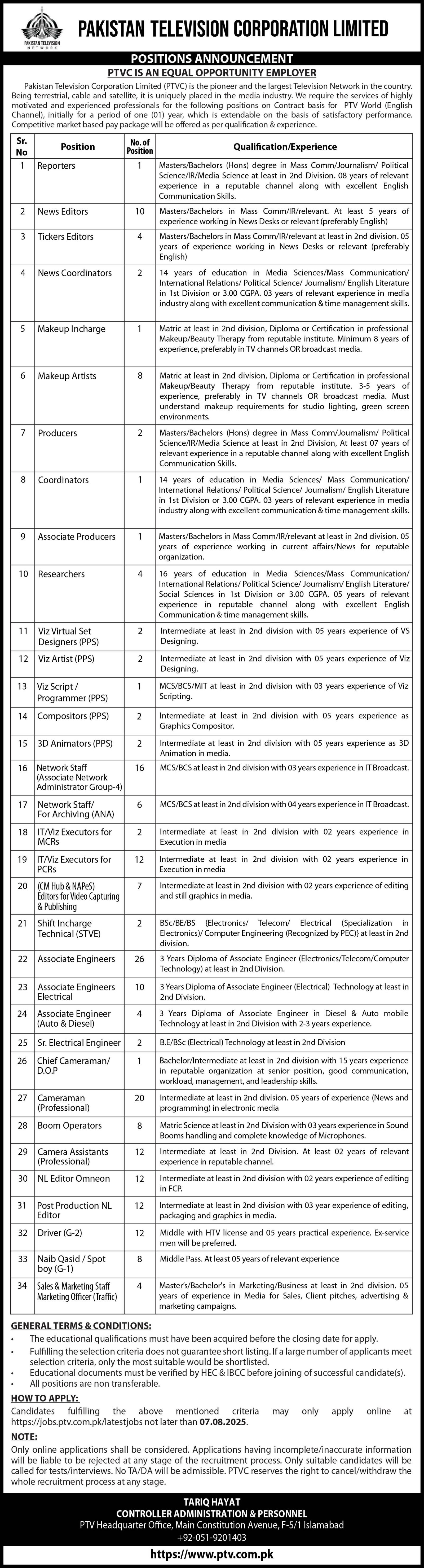 Pakistan Television Corporation PTV Islamabad Jobs 2025 – Pakistan Television Network PTV Jobs 2025 — original advertisement