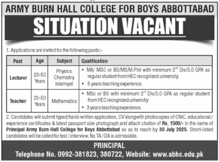 Army Burn Hall College For Boys Abbottabad Jobs 2025 – Army Burn Hall College Abbottabad Jobs 2025 — original advertisement