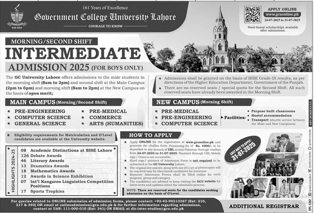 Admission Open in Government College University Lahore 2025 Admissions 2025 — original advertisement