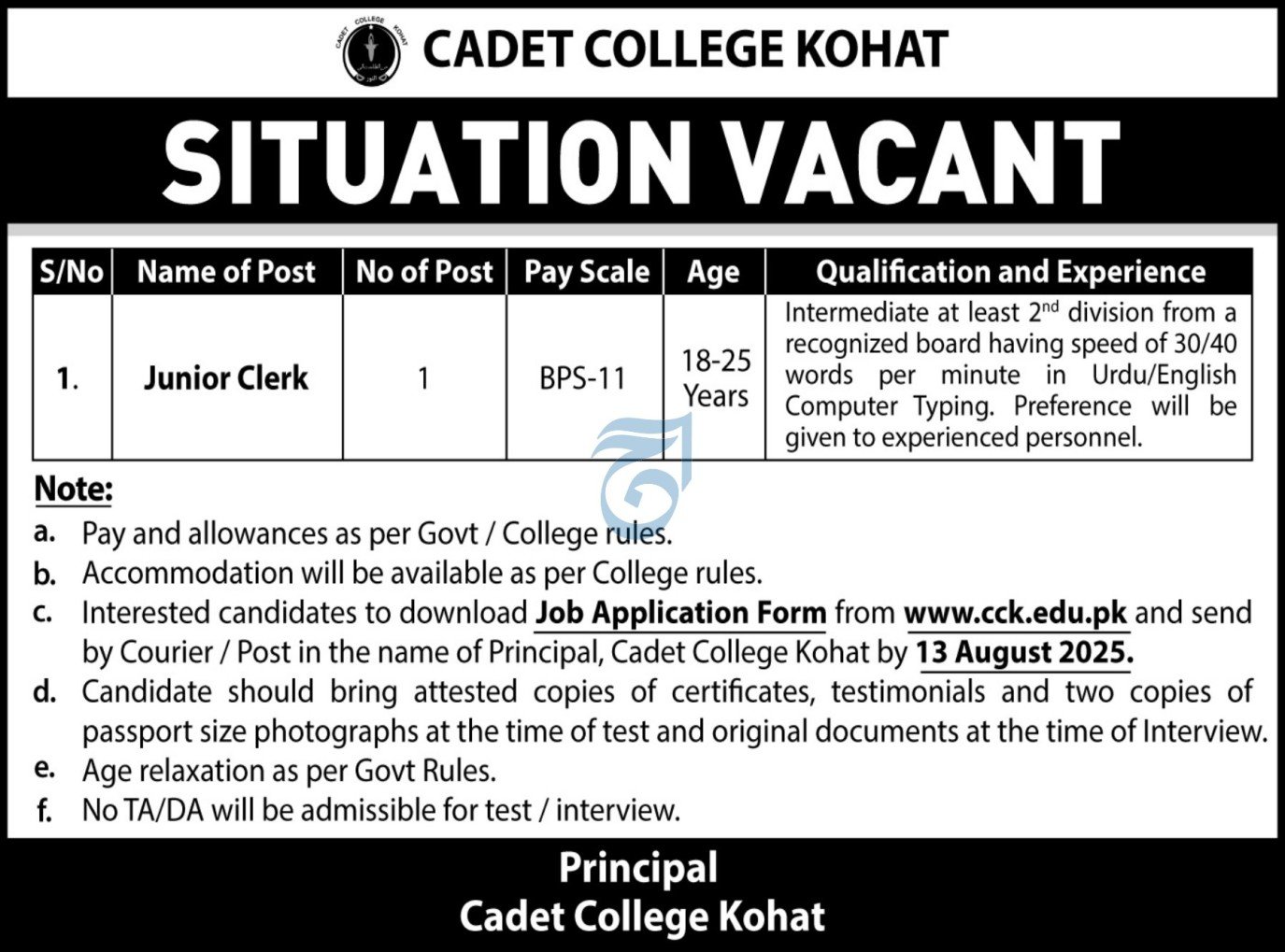 Cadet College Kohat Khyber Pakhtunkhwa Jobs 2025 Jobs 2025 — original advertisement