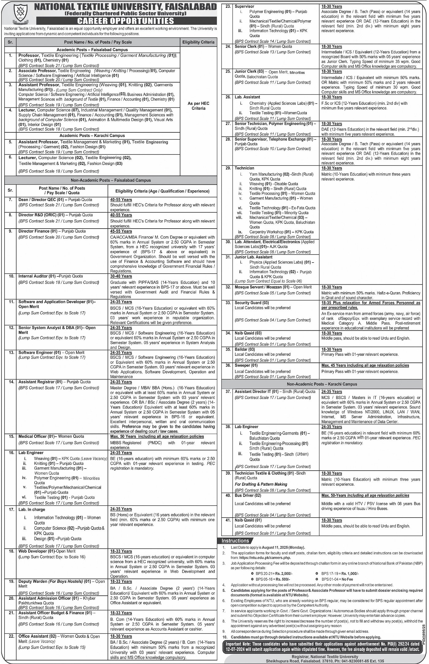 National Textile University Faisalabad Jobs 2025 – National Textile University Faisalabad | NTU Jobs 2025 — original advertisement