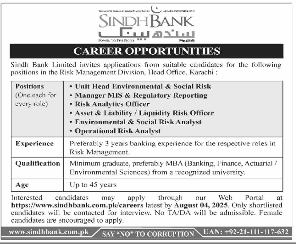 Sindh Bank Limited Karachi Jobs 2025 Jobs 2025 — original advertisement