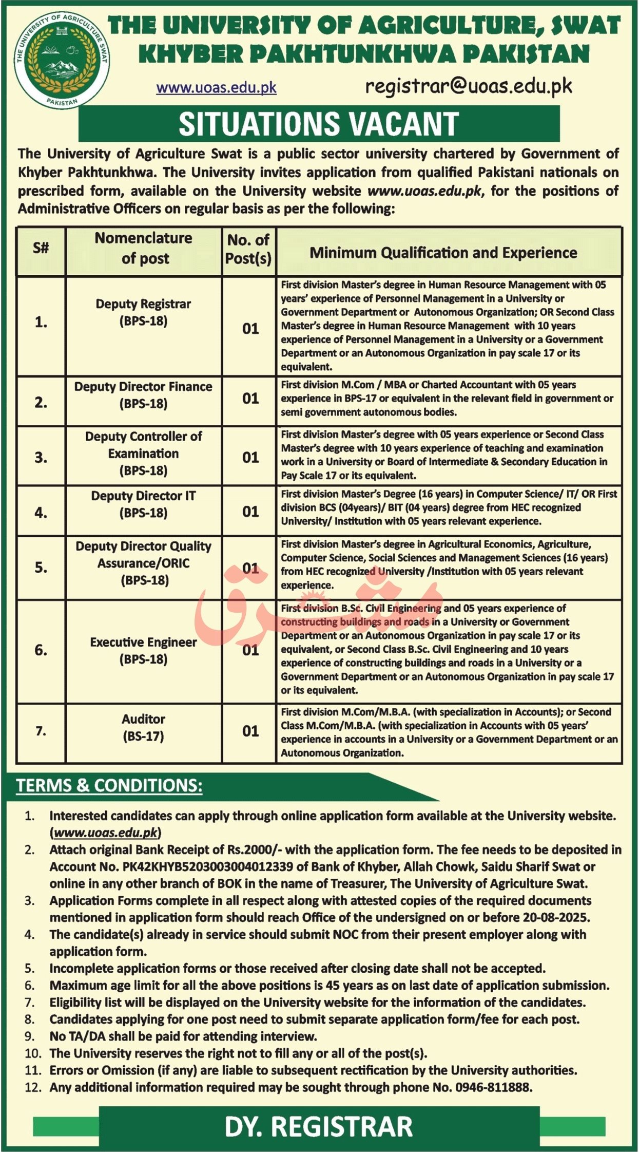 The University Of Agriculture Swat Jobs 2025 – University Of Agricultural Swat Jobs 2025 — original advertisement