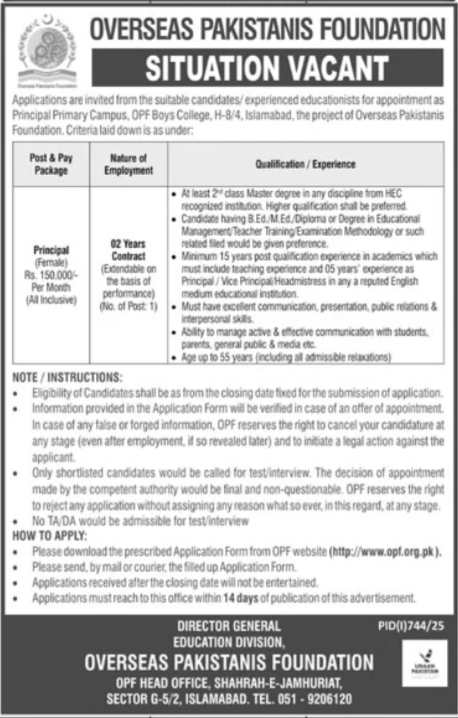 Overseas Pakistanis Foundation OPF Jobs 2025 – Overseas Pakistanis Foundation Islamabad Jobs 2025 — original advertisement