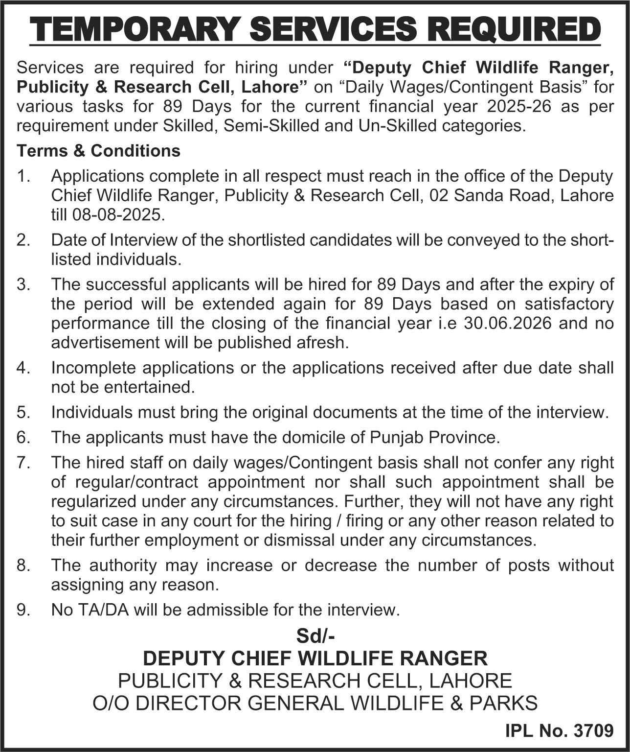 Wildlife Ranger Publicity & Research Cell Jobs 2025 – Forest Wildlife & Fishries Department Punjab Jobs 2025 — original advertisement