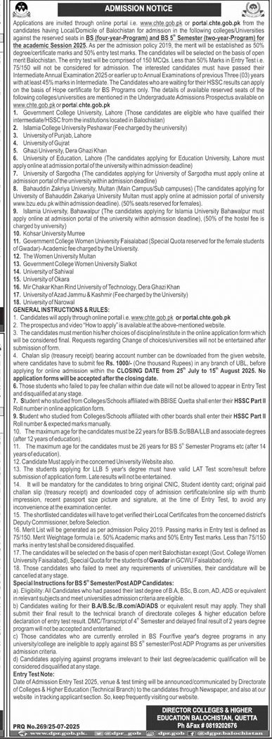 Admission Open in Director Colleges & Higher Education 2025 – Colleges Higher and Technical Education Department Balochsitan Admissions 2025 — original advertisement