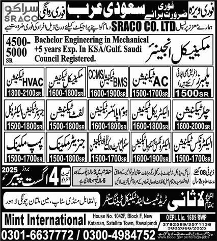 Generator Technician Electrical & Chiller Technician Jobs – Lasani Trade Test & Technical Training Center Jobs 2025 — original advertisement