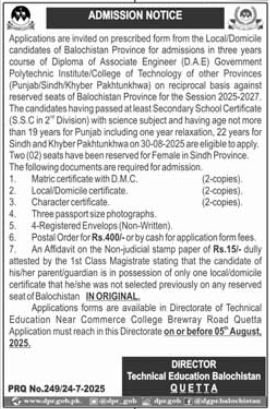 Admission Open in Director Technical Education Balochistan – Director of Education College Admissions 2025 — original advertisement