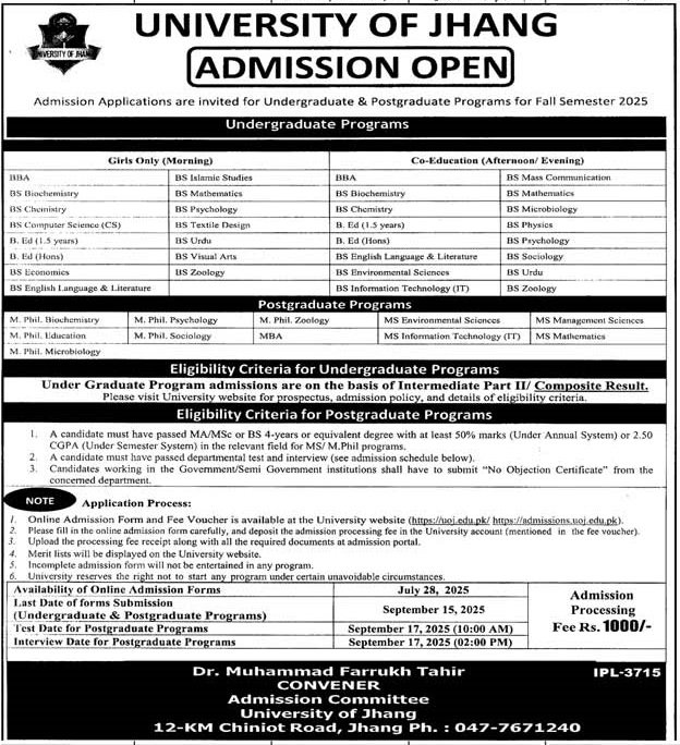 Admission Open in University of Jhang Punjab 2025 Admissions 2025 — original advertisement