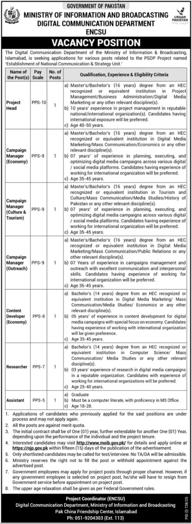Ministry Of Information & Broadcasting Jobs 2025 – Ministry of Information & Broadcasting Pakistan Jobs 2025 — original advertisement