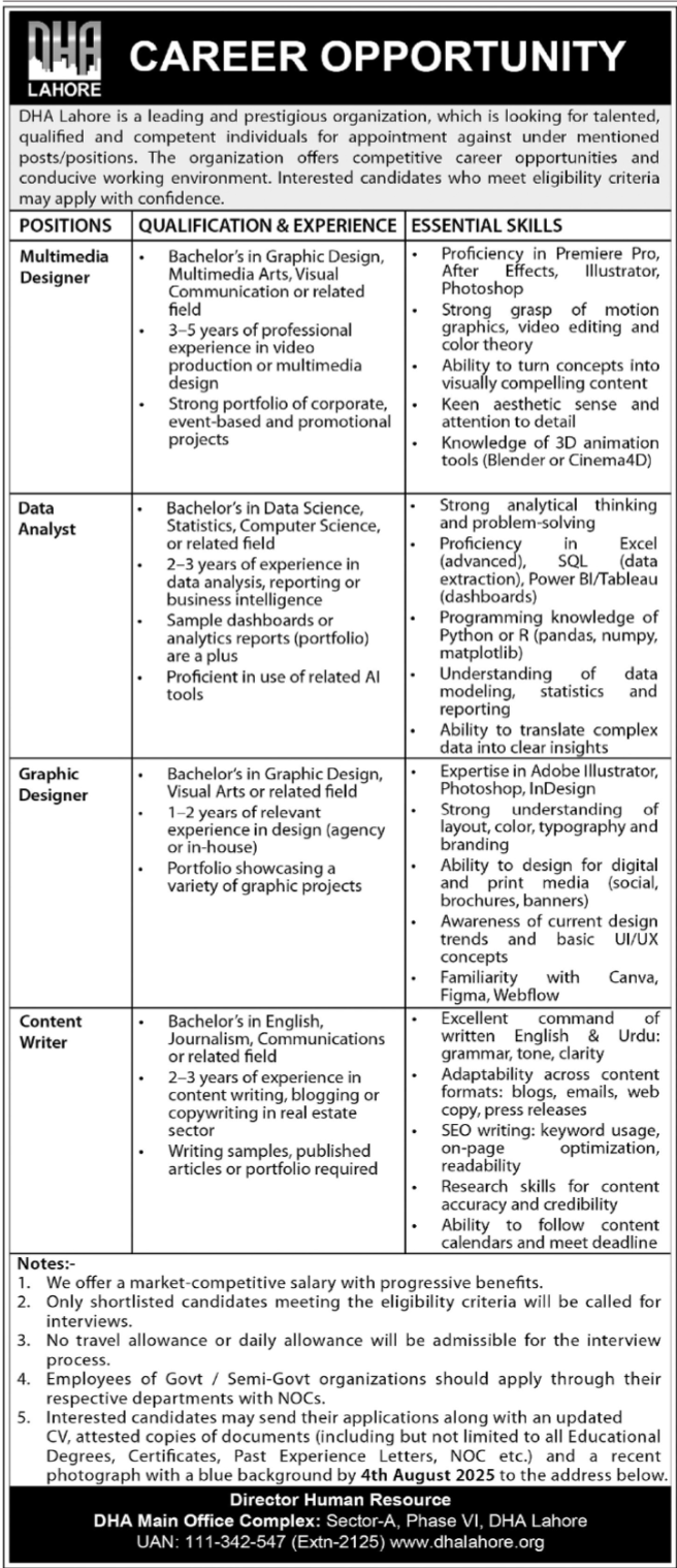 Defence Housing Authority DHA Lahore Jobs 2025 Jobs 2025 — original advertisement