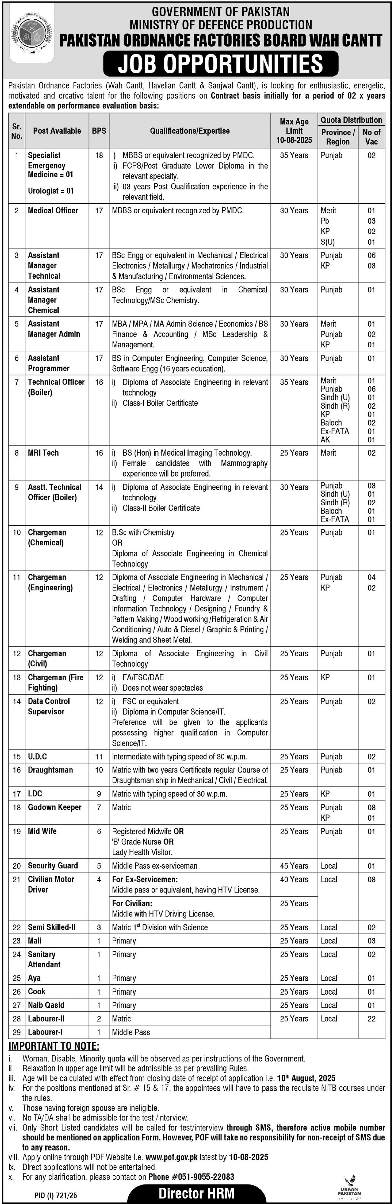 Pakistan Ordnance Factories Board POF Jobs 2025 – Pakistan Ordnance Factories Board Wah Cantt Jobs 2025 — original advertisement