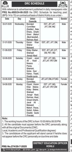 DRC Meeting Teaching Jobs District Kohlu 2025 – Education Department Balochsitan Jobs 2025 — original advertisement