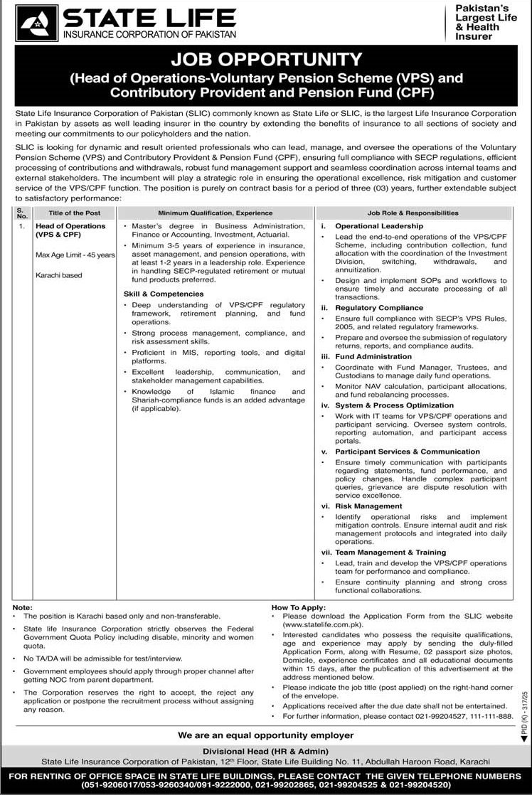 State Life Insurance Corporation Pakistan Jobs 2025 – State Life Insurance Corporation of Pakistan Jobs 2025 — original advertisement