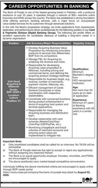 The Bank Of Punjab Unit Head Acquiring & Alliances Jobs 2025 Jobs 2025 — original advertisement
