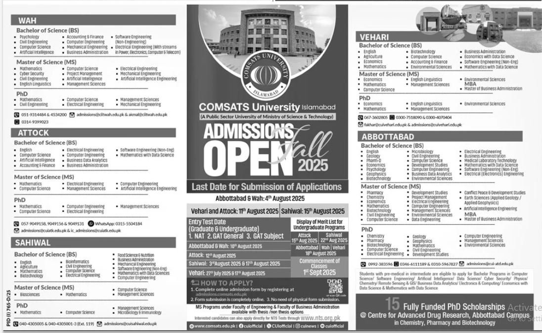 Admission Open in Comsats Univeristy Islamabad 2025 – COMSATS University Islamabad Admissions 2025 — original advertisement