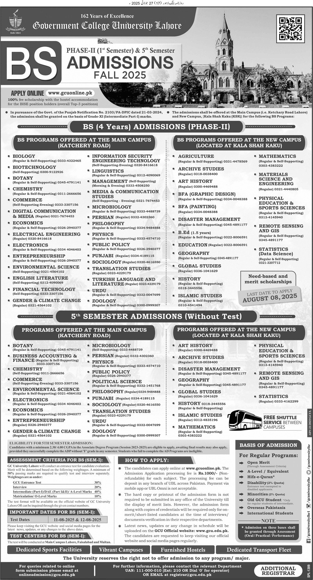 Admission Open in Government College University Lahore 2025 Admissions 2025 — original advertisement