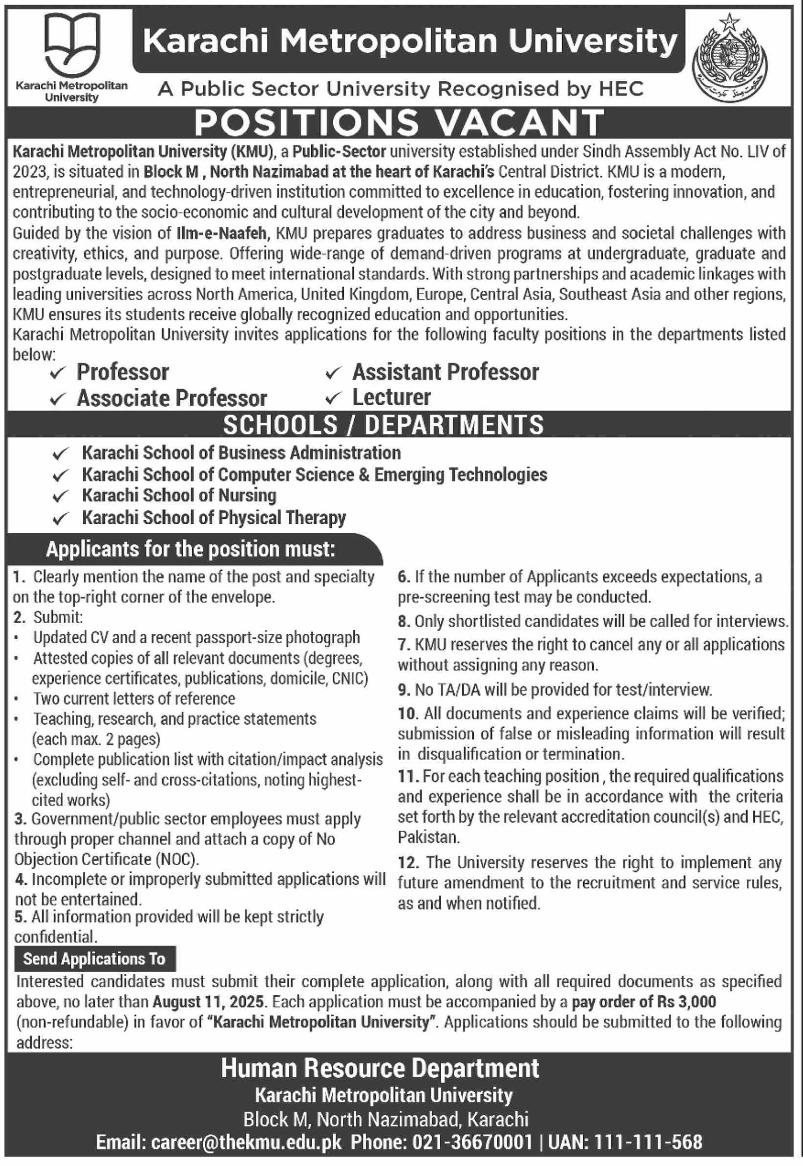 Karachi Metropolitan University Jobs 2025 – Public Sector Organization Admissions 2025 — original advertisement