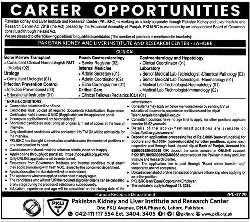 Pakistan Kidney & Liver Institute & Research Centre PKLI Job – Pakistan Kidney And Liver Institute (PKLI) And Research Centre Lahore Jobs 2025 — original advertisement